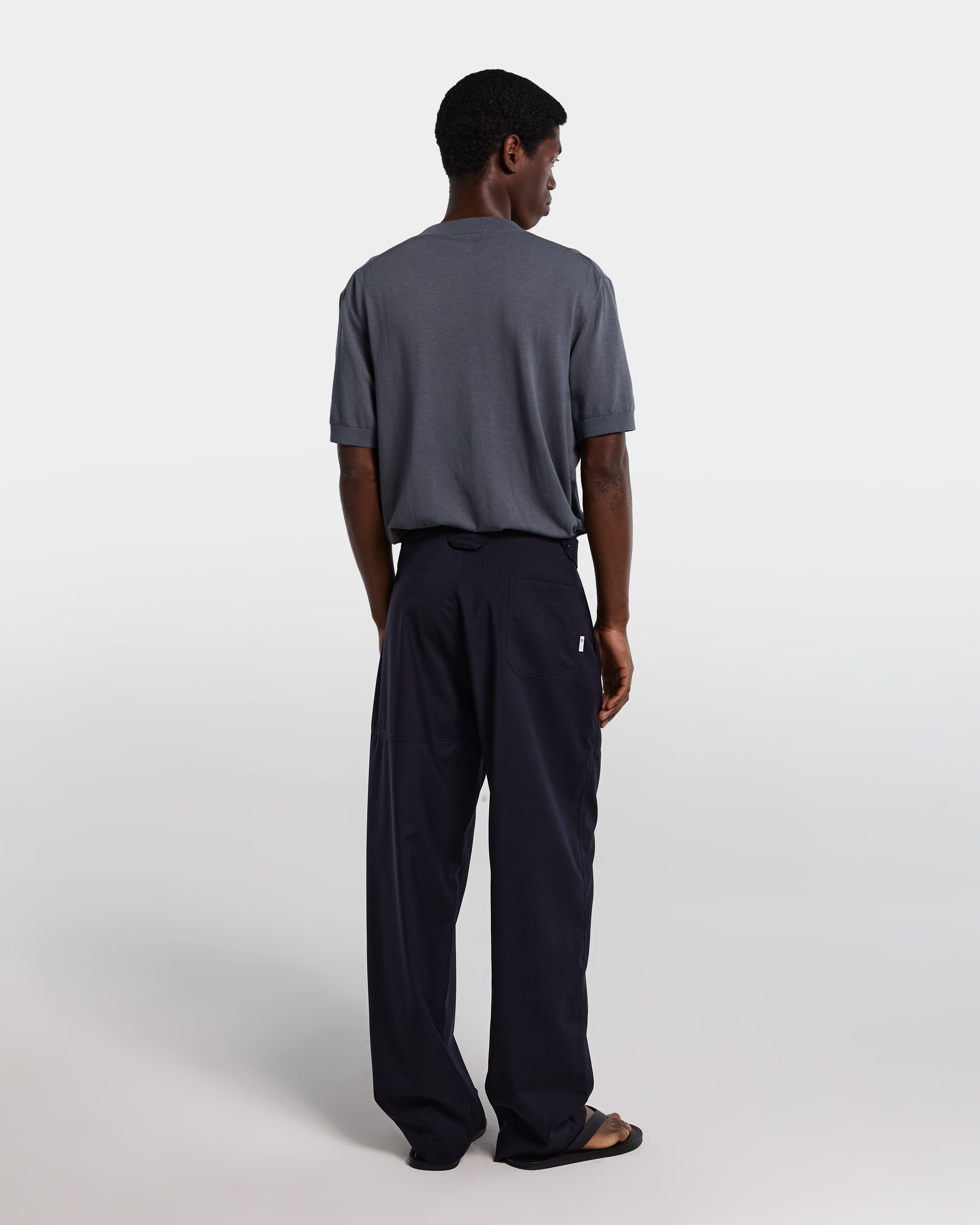 Navy blue wool tailored pant with adjustable waist 