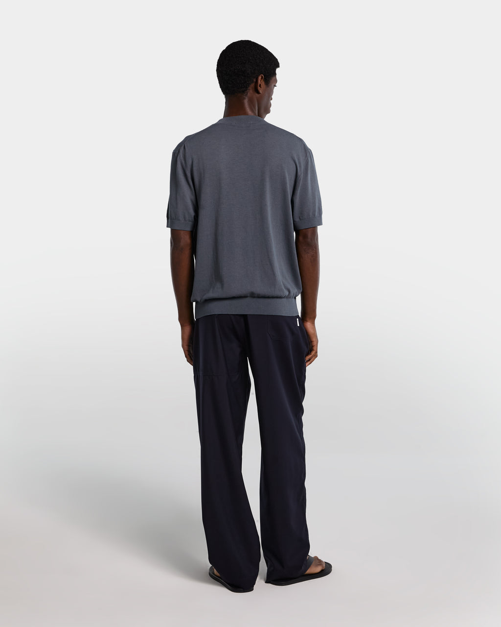 Navy blue wool tailored pant with adjustable waist 