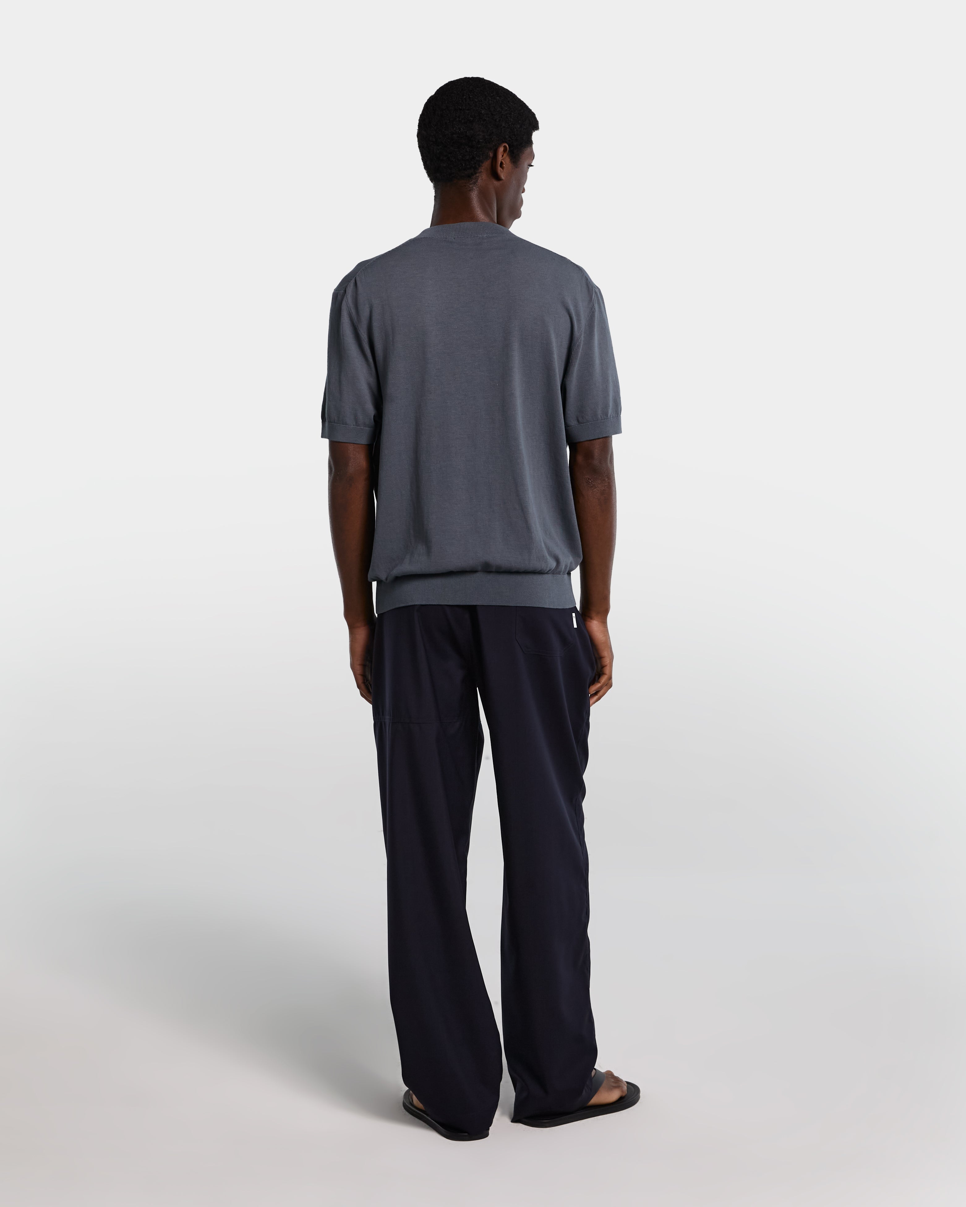 Navy blue wool tailored pant with adjustable waist 