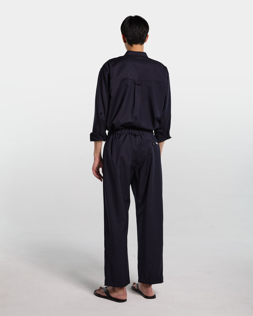 Navy blue tailored wool loose fit pant with drawstring 