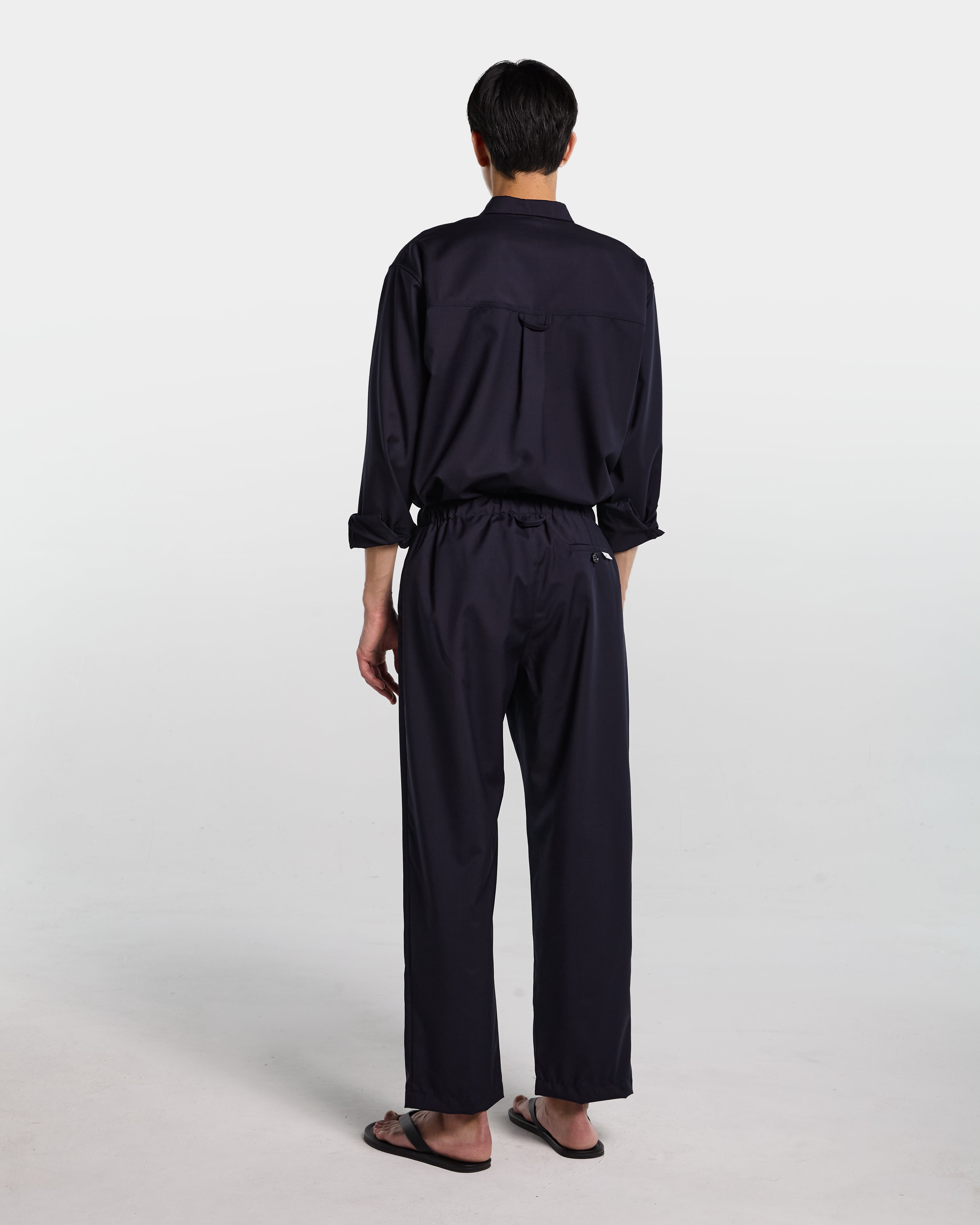 Navy blue tailored wool loose fit pant with drawstring 