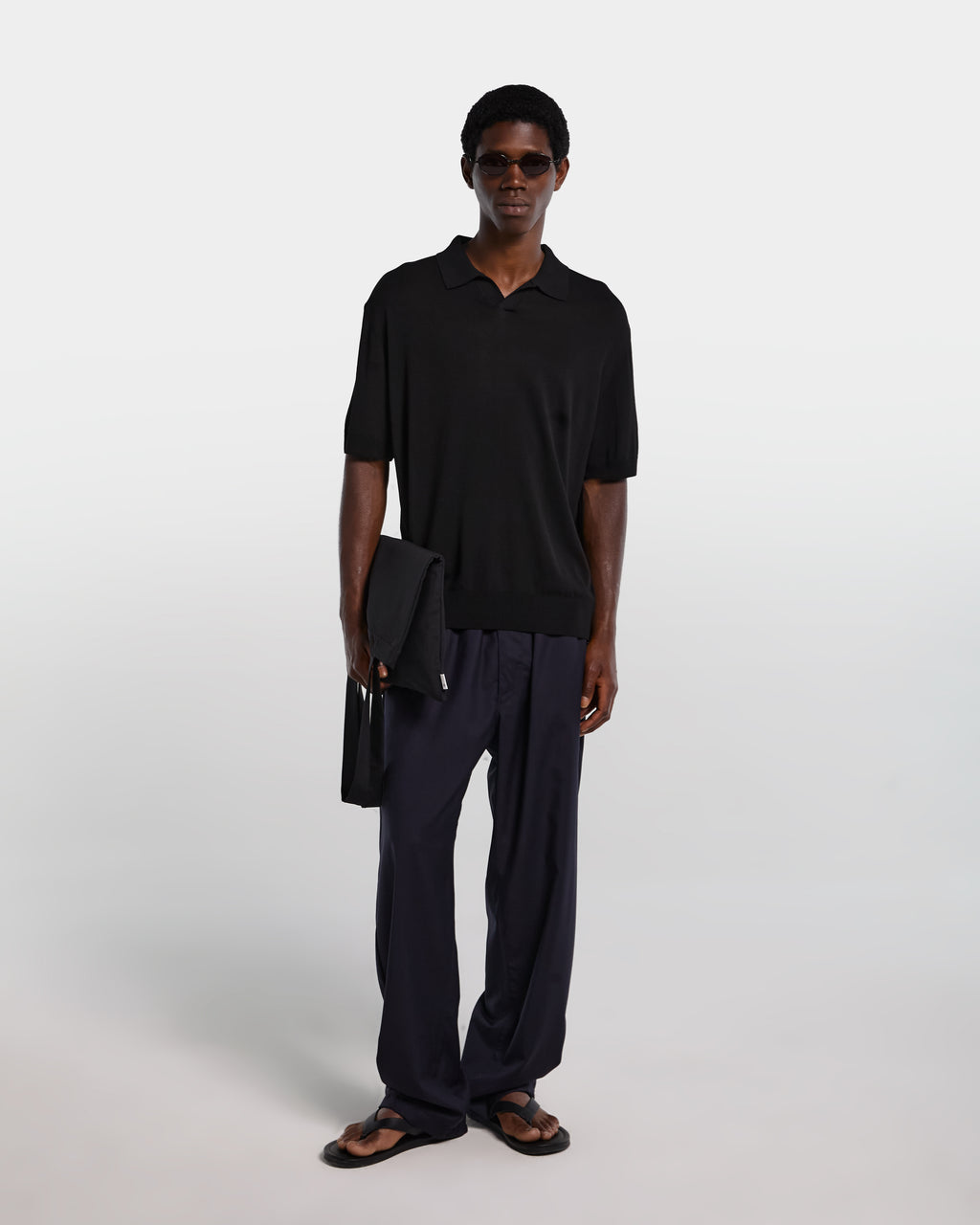 Black viscose polo shirt with open collar
