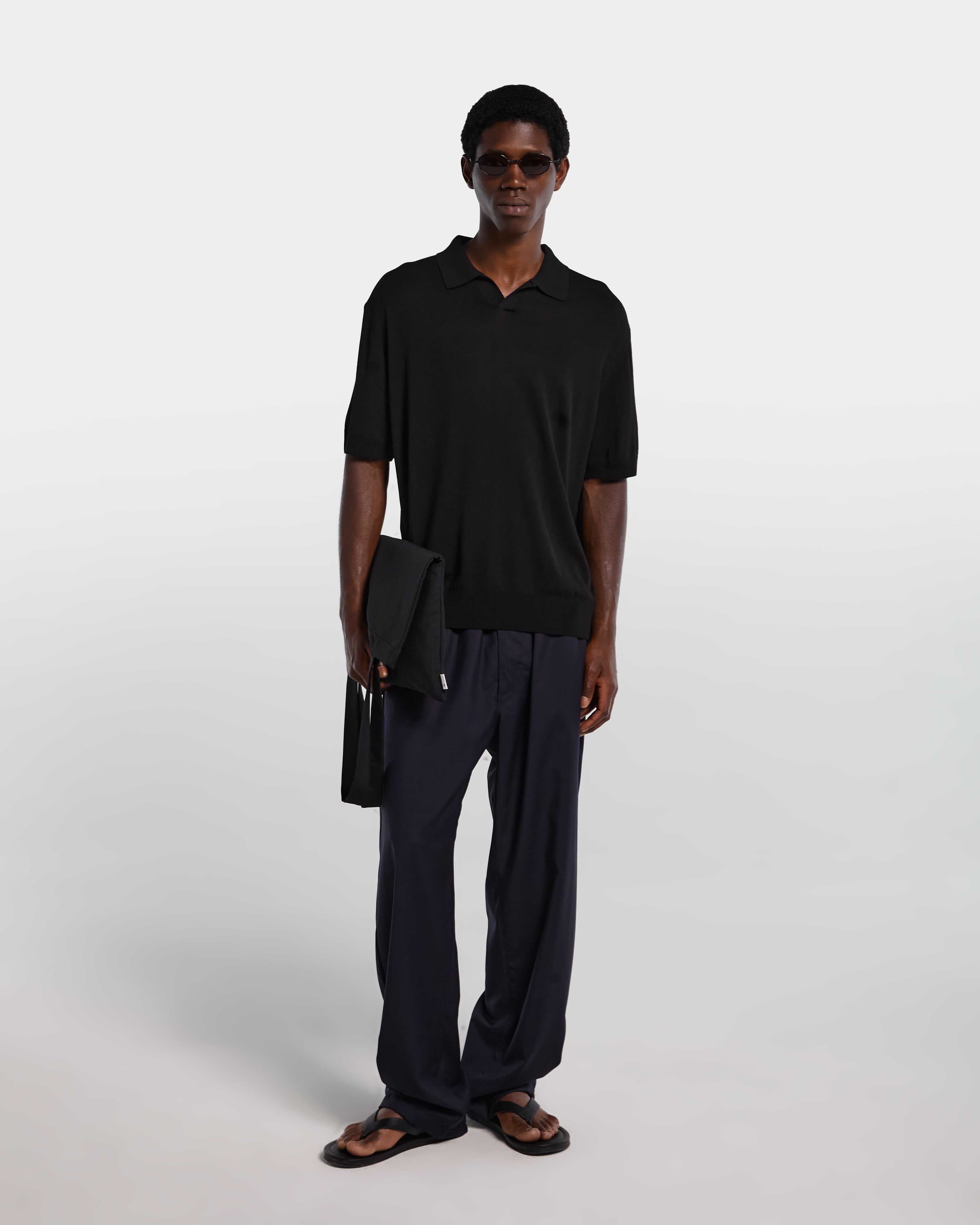 Black viscose polo shirt with open collar