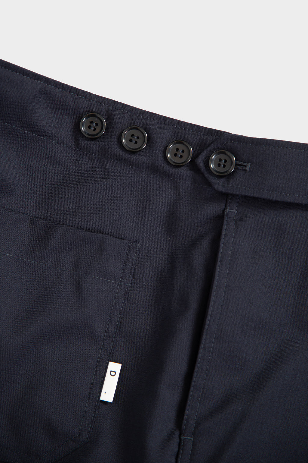 Navy blue wool tailored pant with adjustable waist 