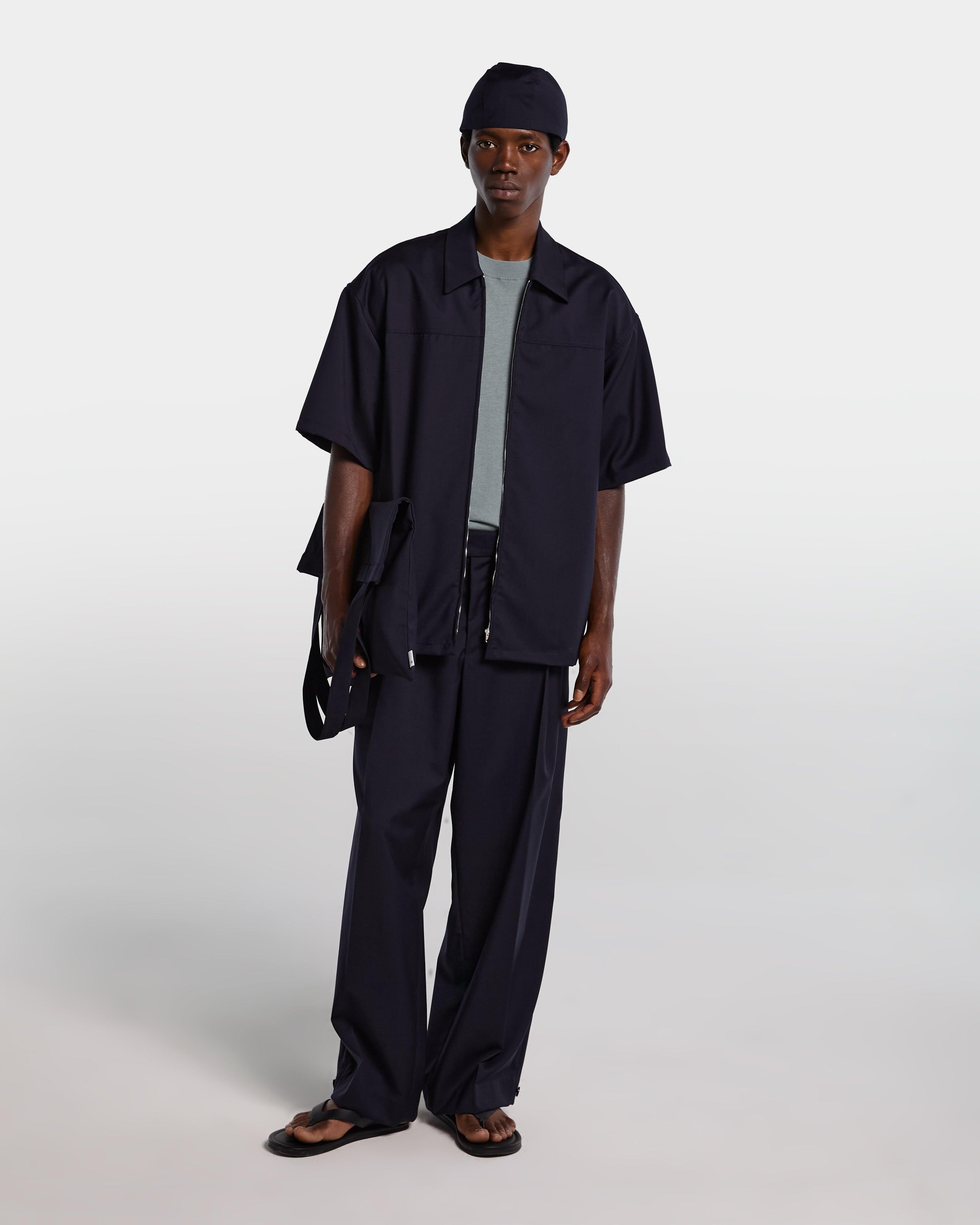Navy blue frescolana trousers with adjustable waist