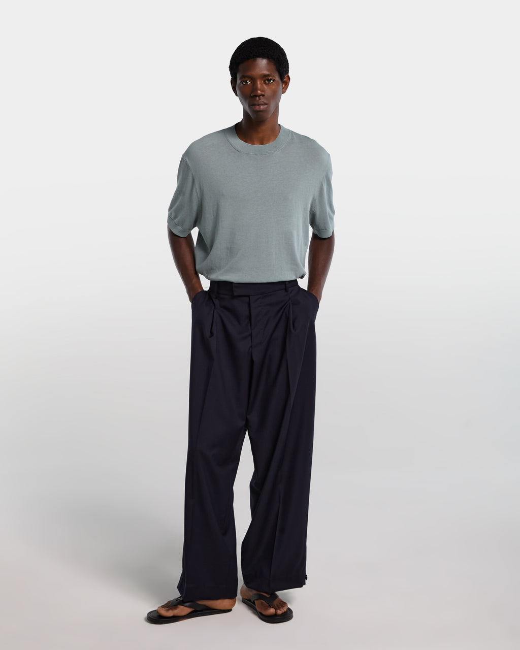 Navy blue frescolana trousers with adjustable waist