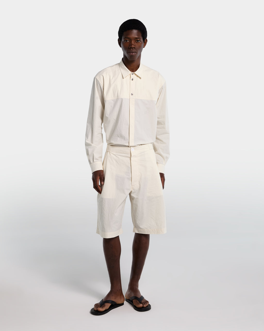 Cream cotton poplin Bermuda shorts with adjustable waist