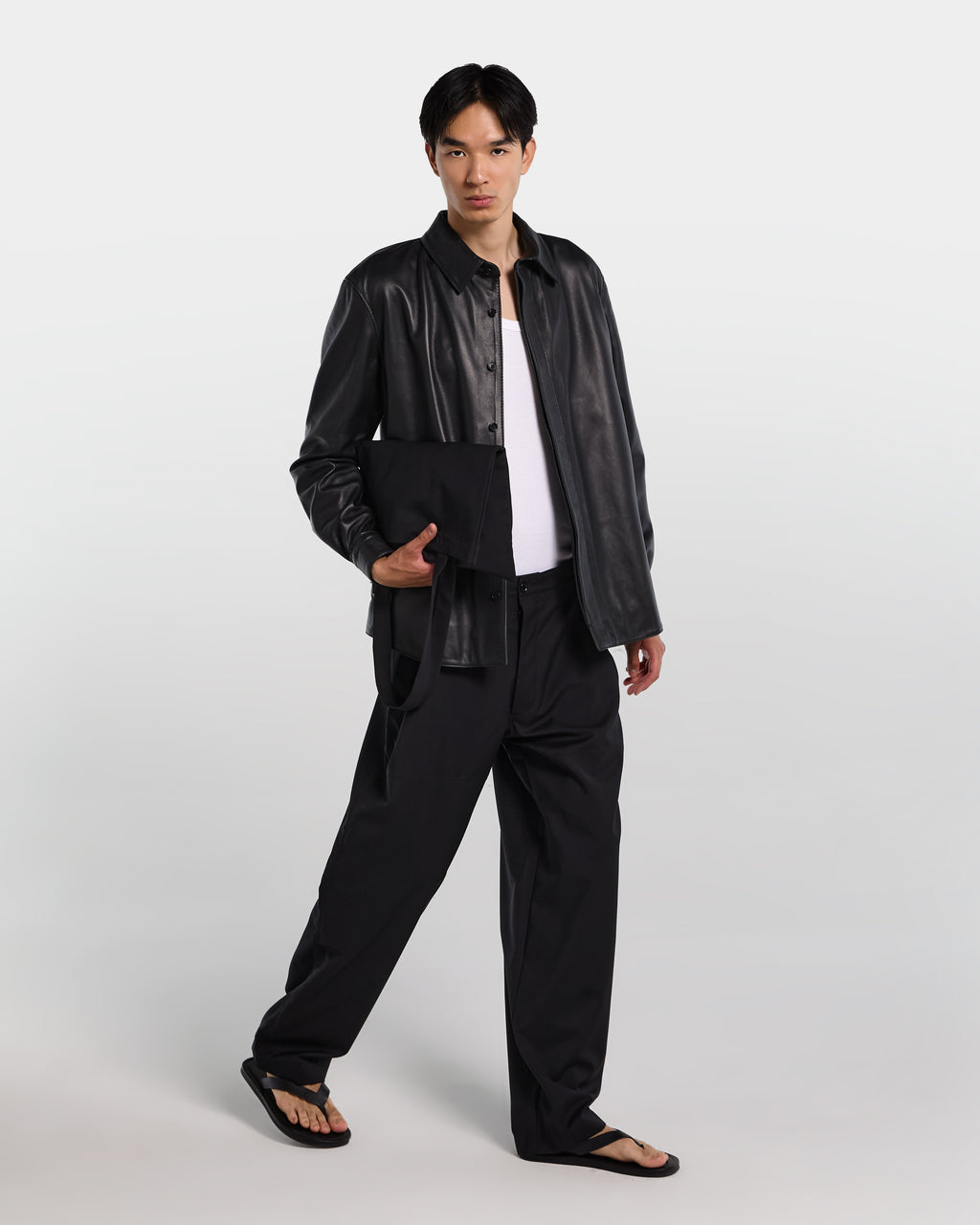 Black leather relaxed fit shirt with long sleeves 