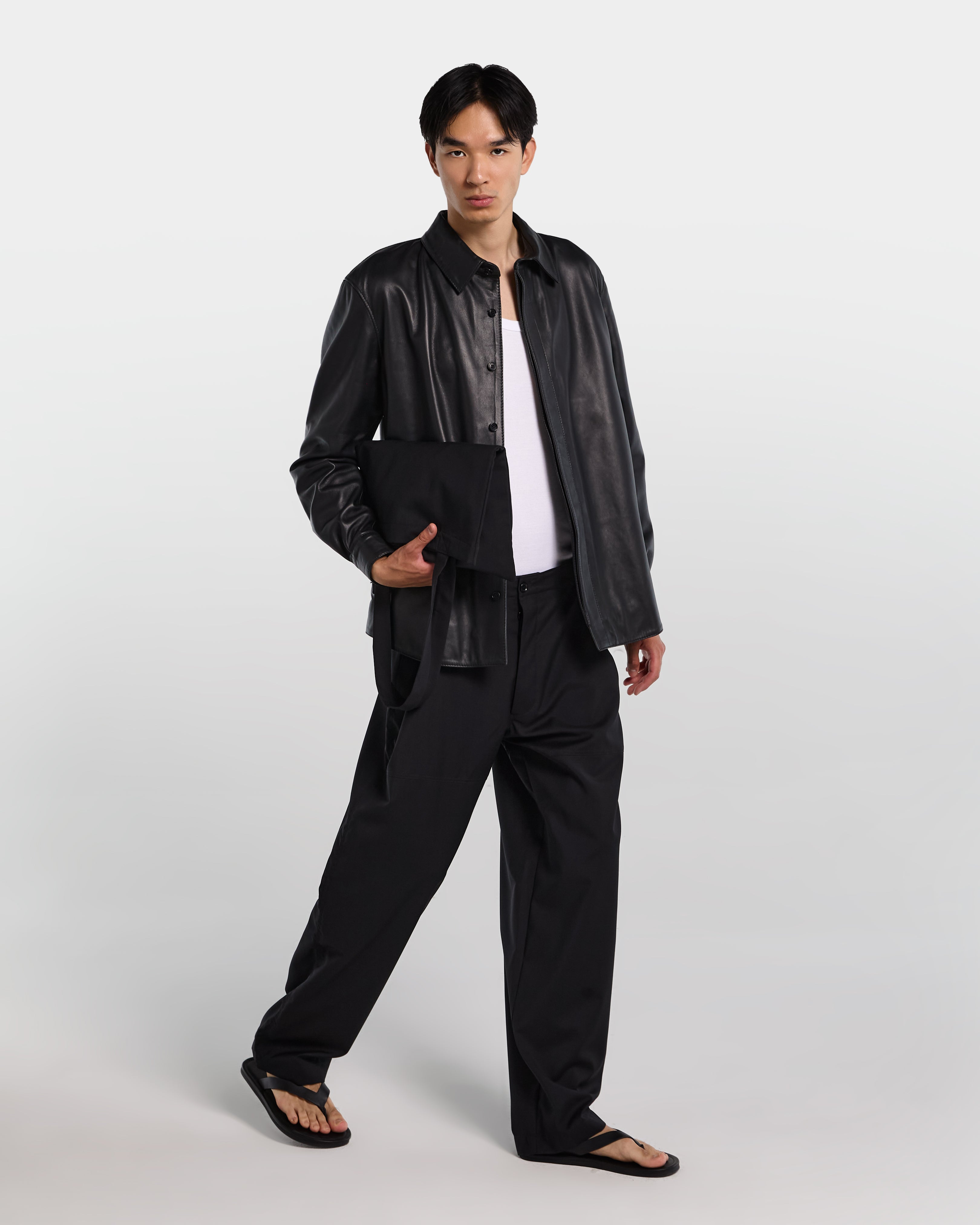 Black leather relaxed fit shirt with long sleeves 