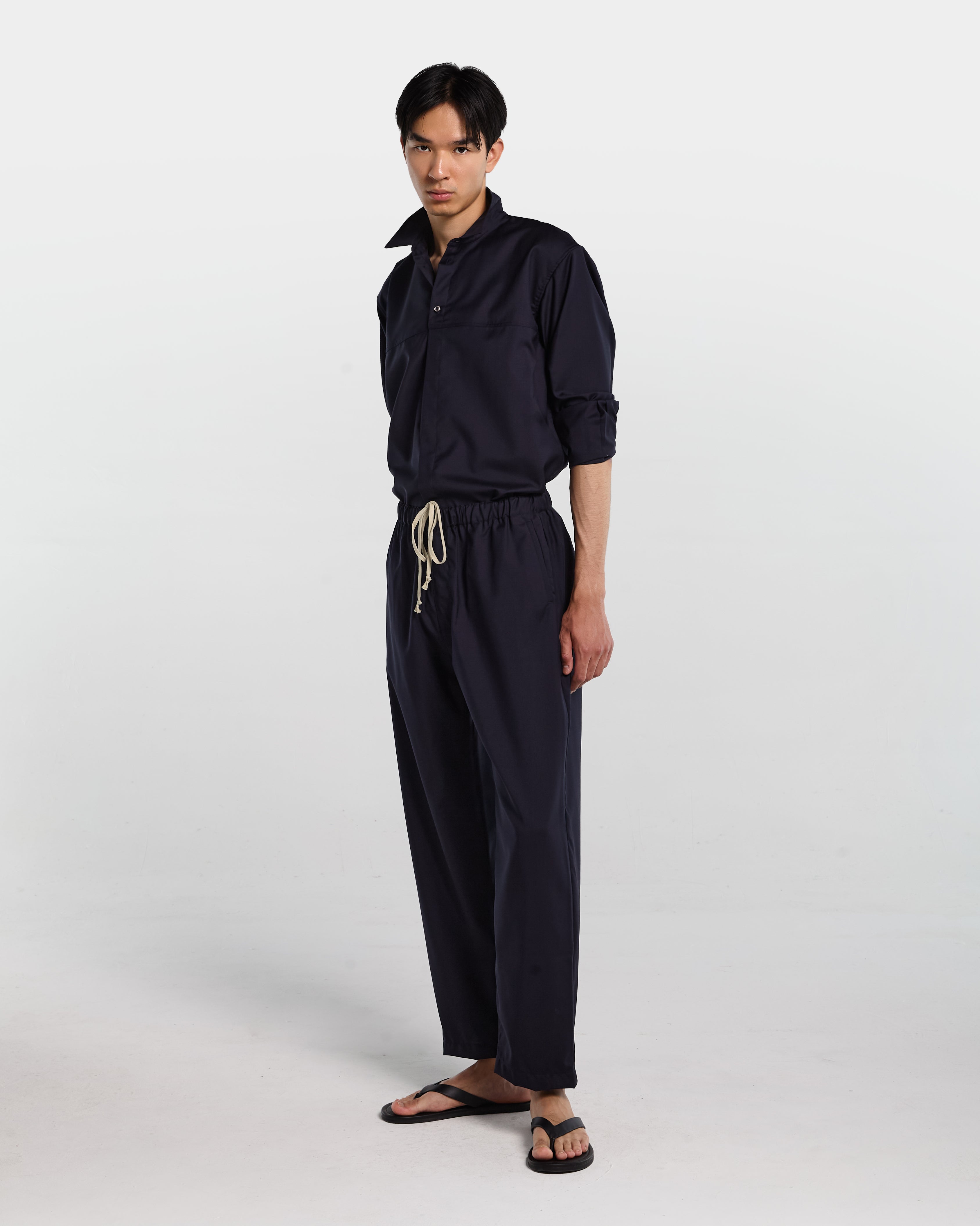 Navy blue tailored wool loose fit pant with drawstring 