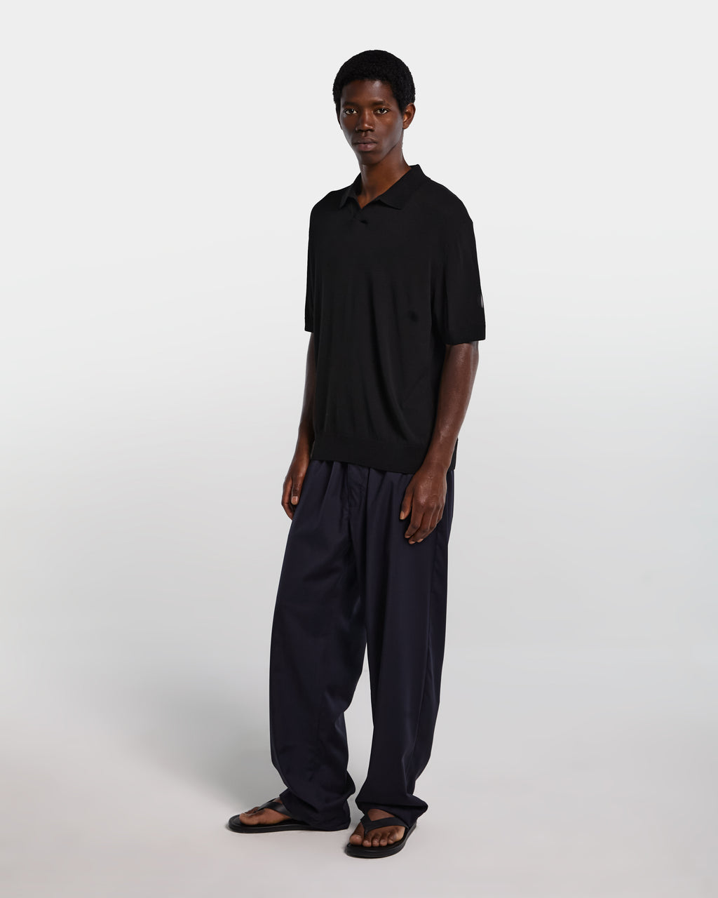 Black viscose polo shirt with open collar