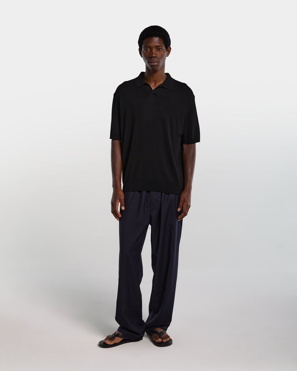 Black viscose polo shirt with open collar