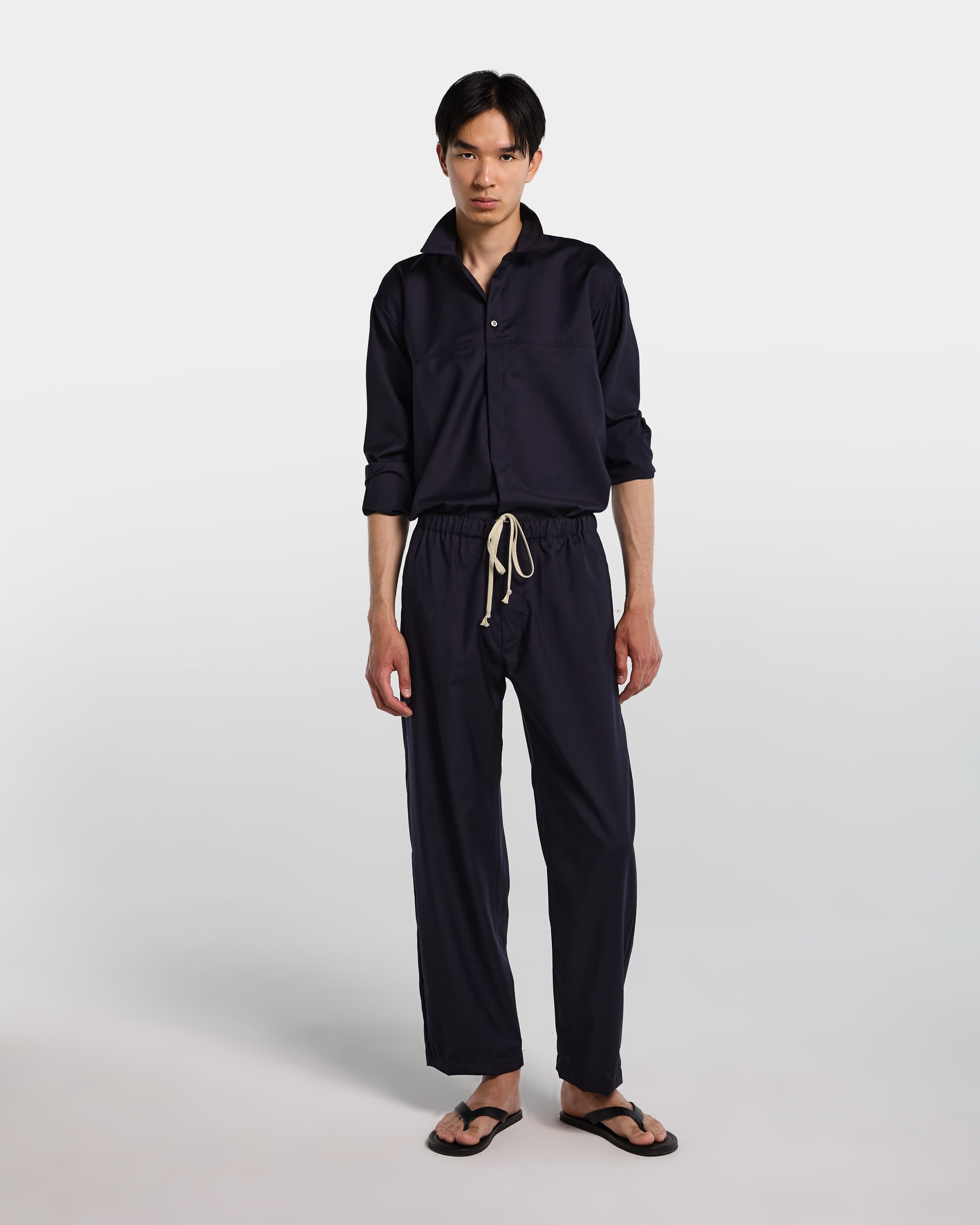 Navy blue tailored wool loose fit pant with drawstring 