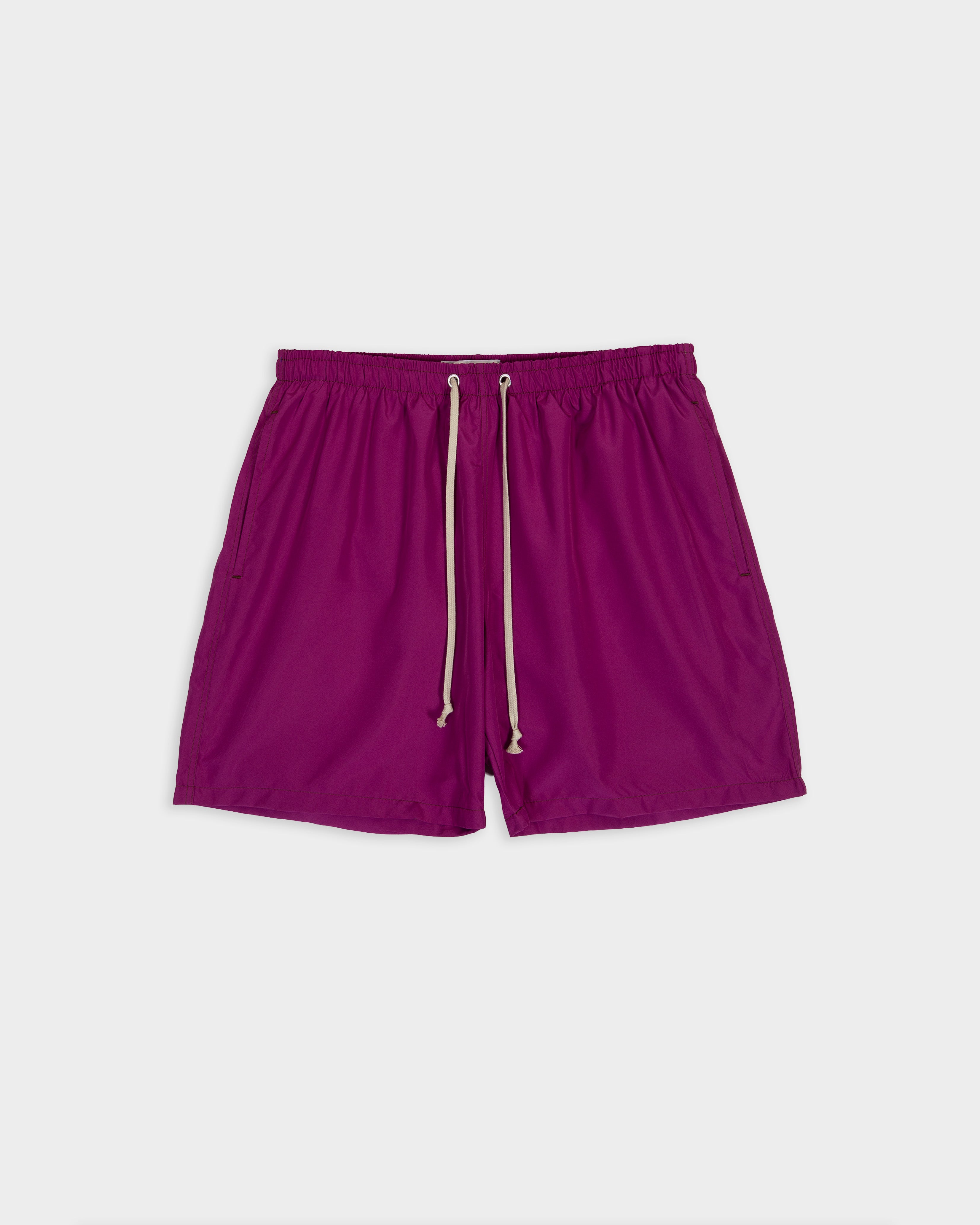 Cyclamen-colored nylon swim trunks