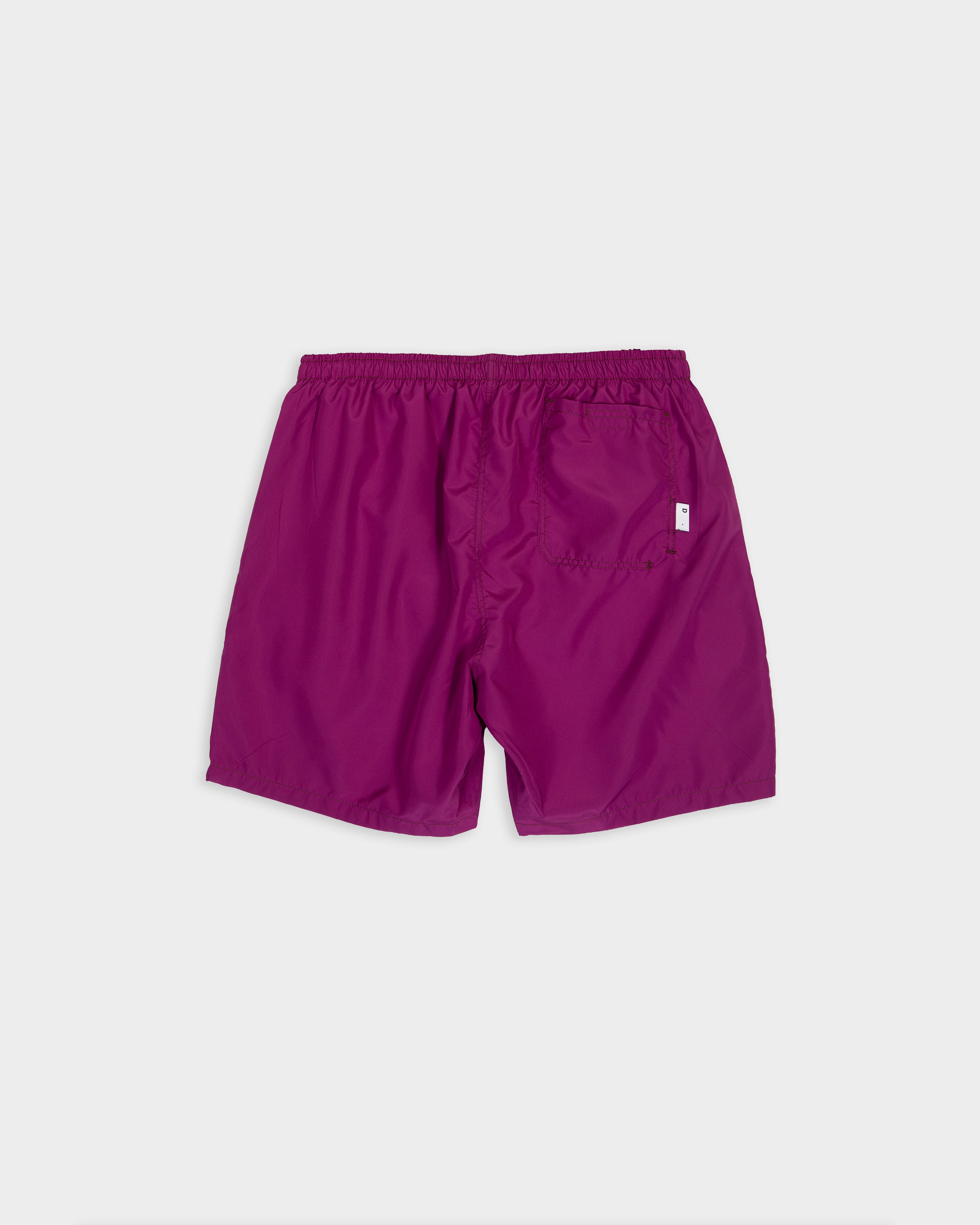 Cyclamen-colored nylon swim trunks