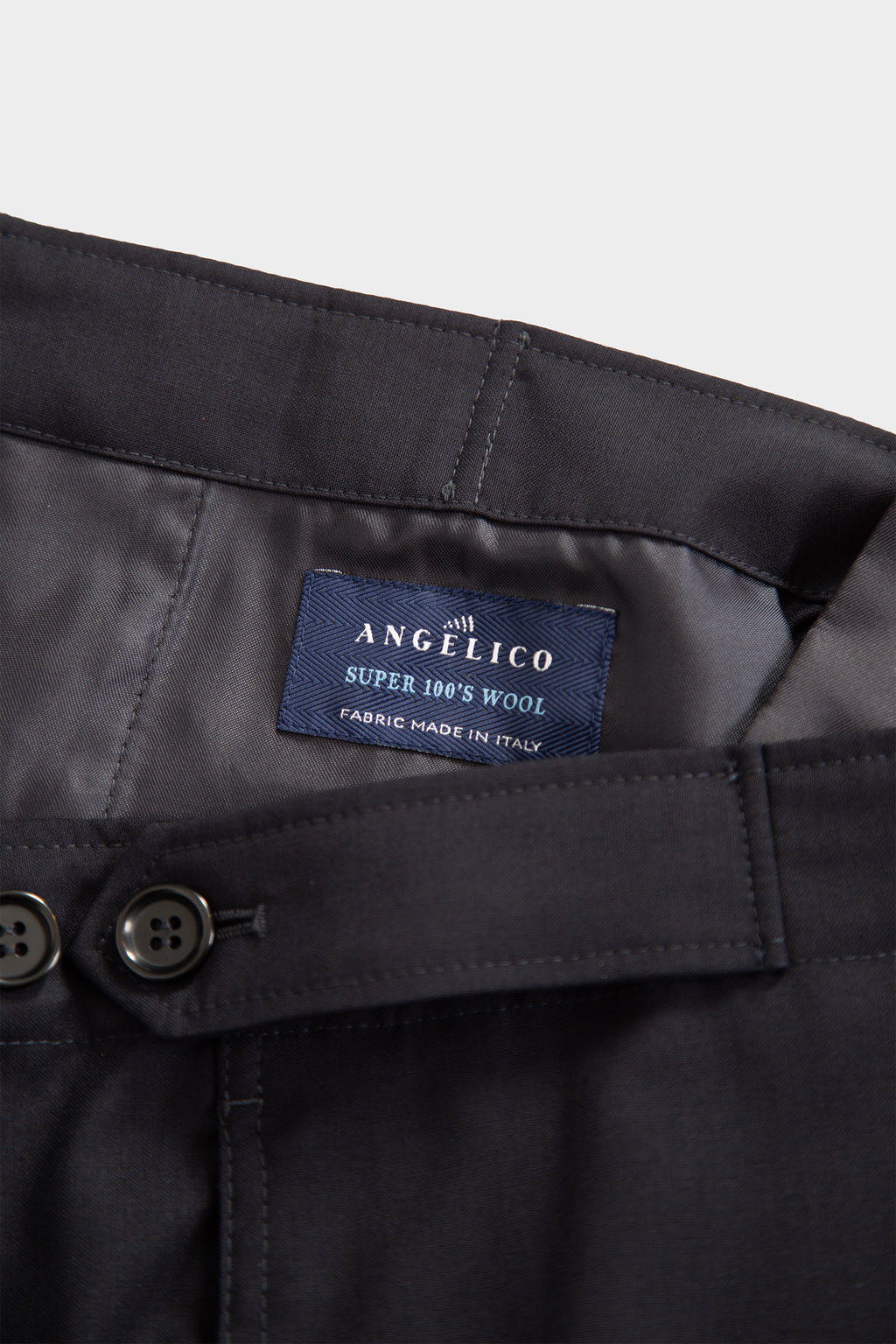 Navy blue wool tailored pant with adjustable waist 
