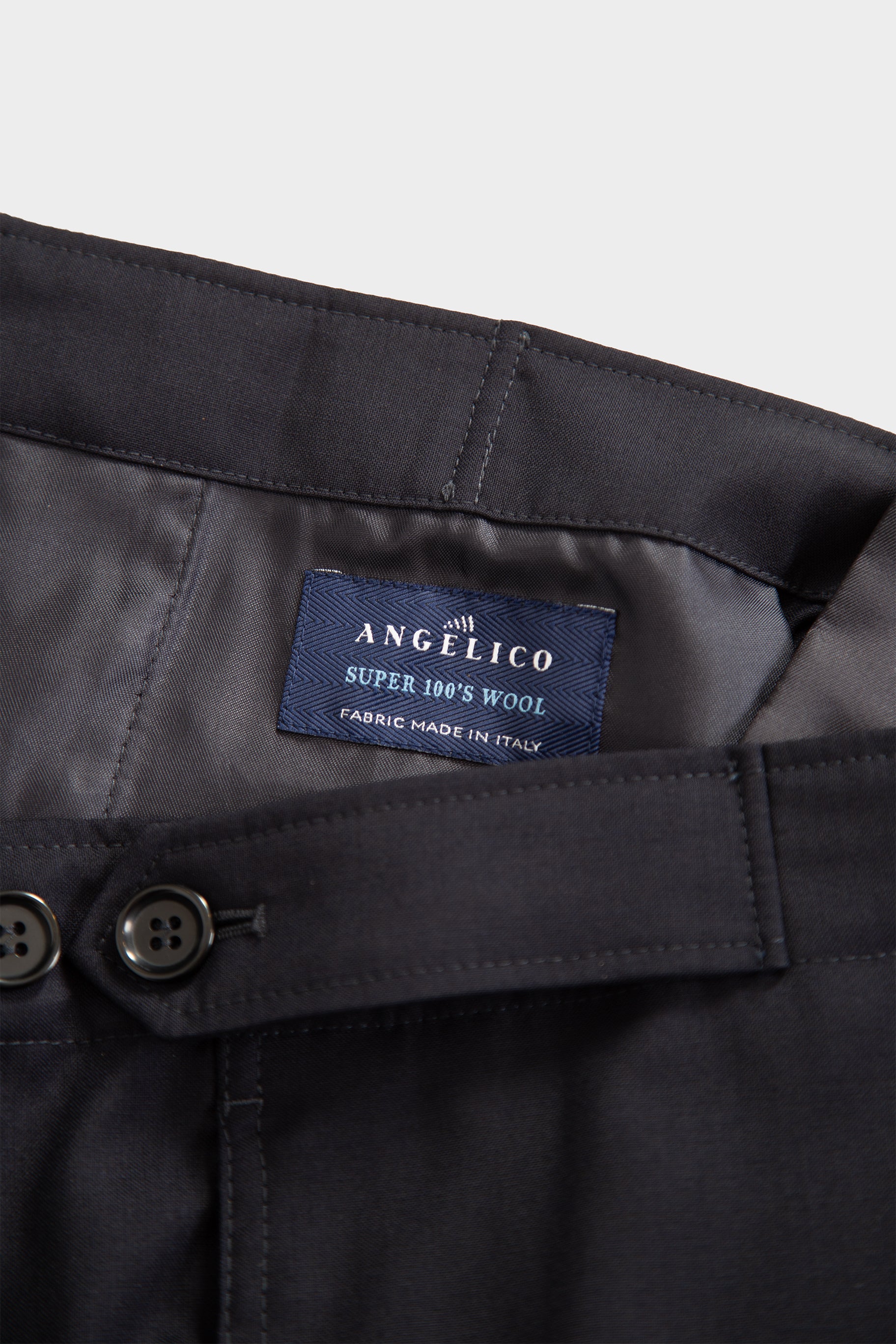 Navy blue wool tailored pant with adjustable waist 