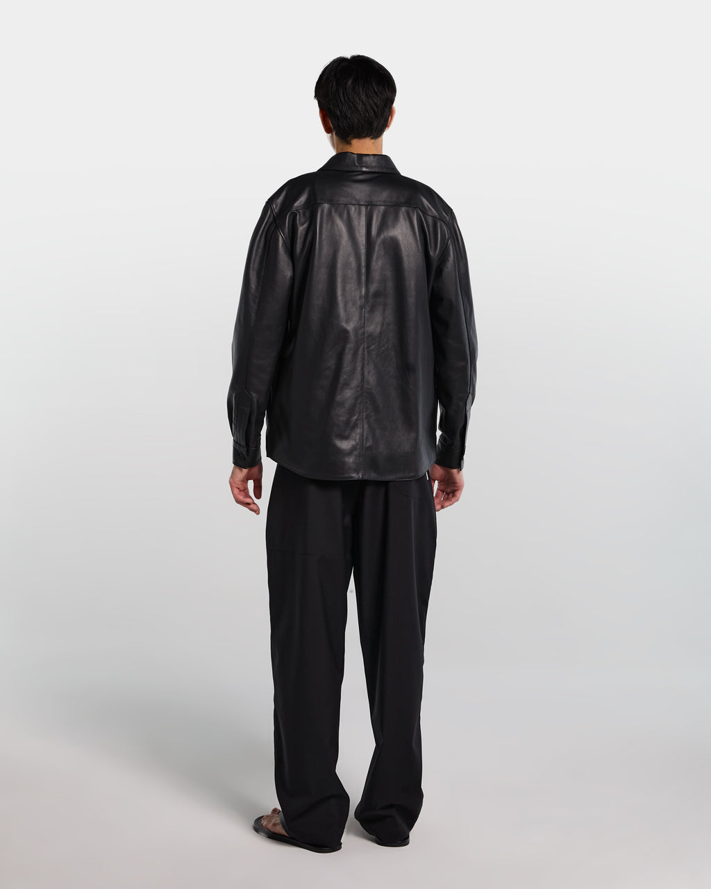 Black leather relaxed fit shirt with long sleeves 