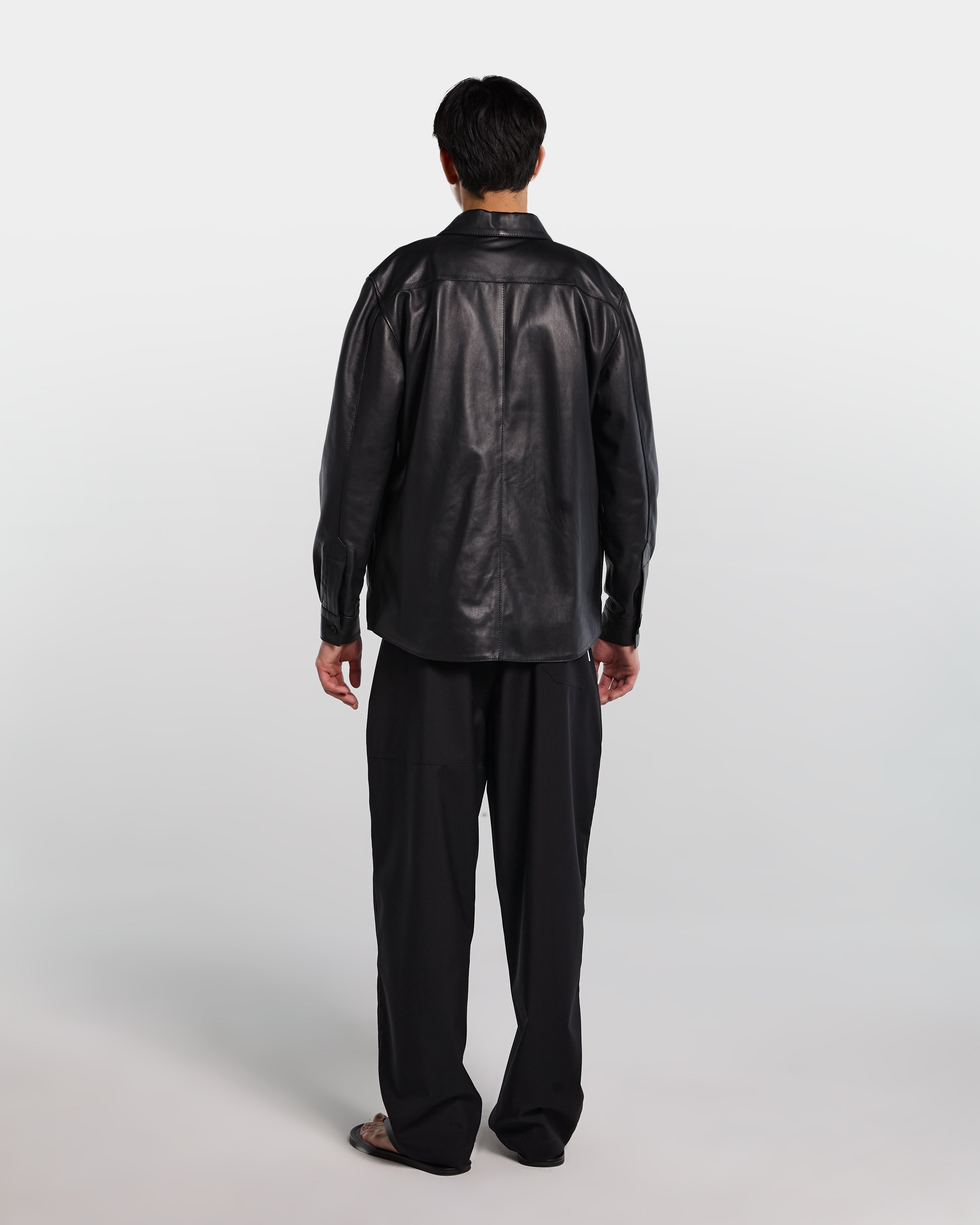 Black leather relaxed fit shirt with long sleeves 