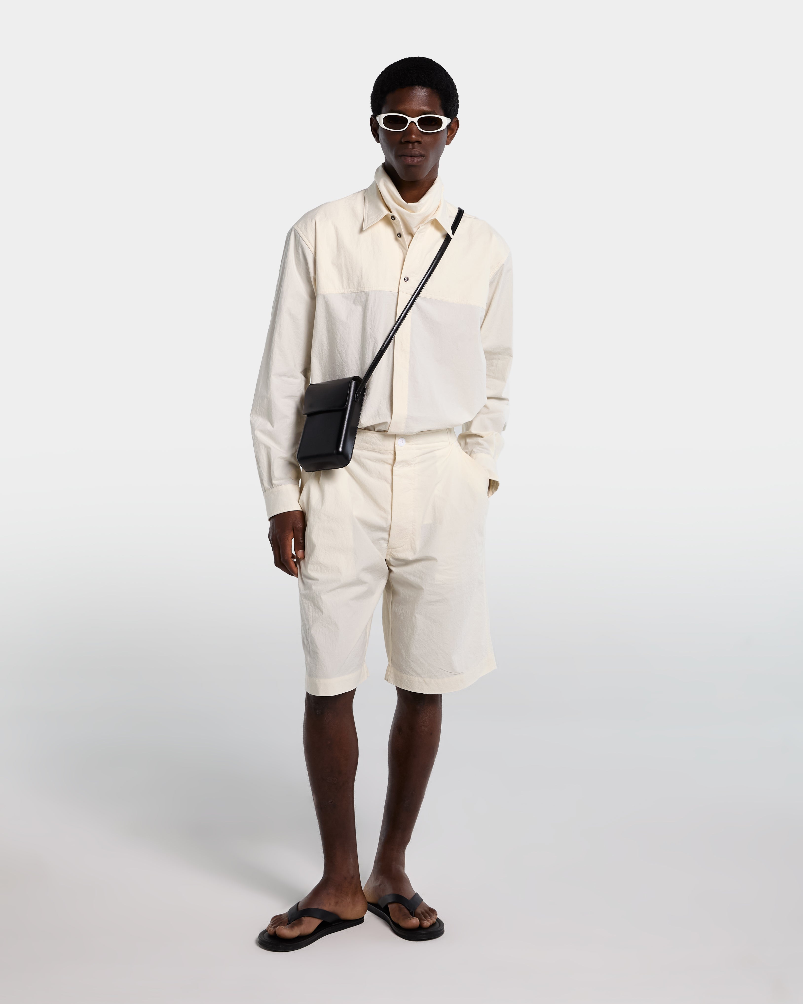 Cream cotton poplin Bermuda shorts with adjustable waist