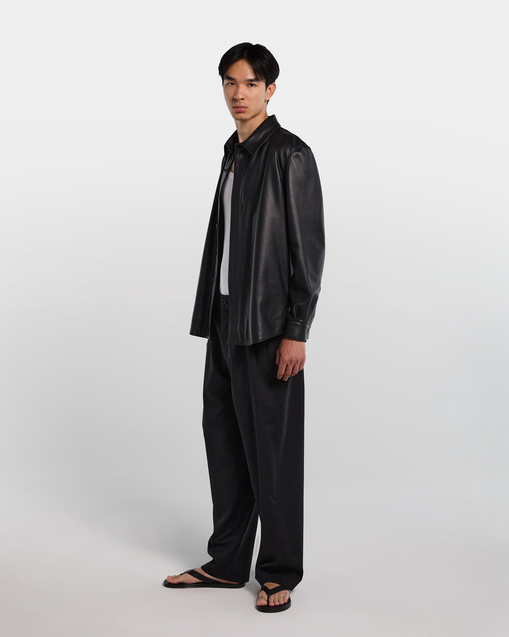 Black leather relaxed fit shirt with long sleeves 