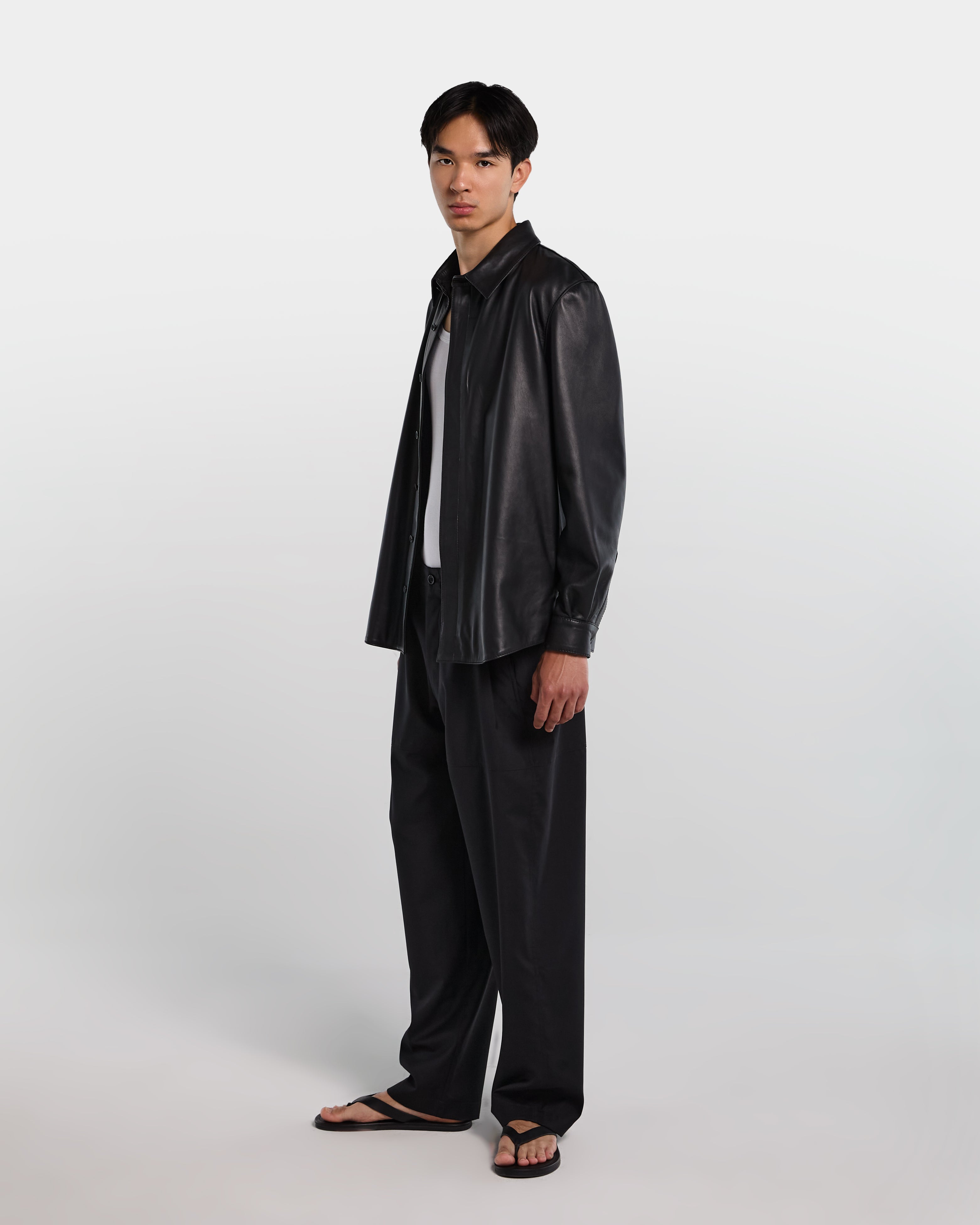Black leather relaxed fit shirt with long sleeves 