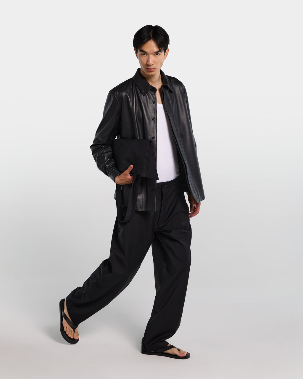 Black leather relaxed fit shirt with long sleeves 