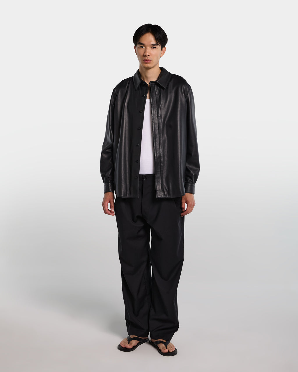 Black leather relaxed fit shirt with long sleeves 